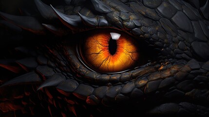 bright eye of a black scaled dragon close up