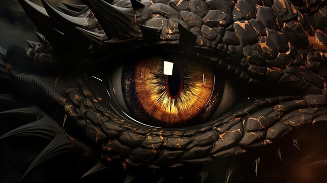 bright eye of a black scaled dragon close up