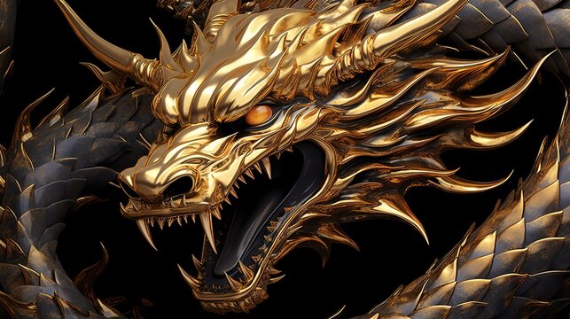 Golden Chinese dragon with open mouth in body bending pose on black background