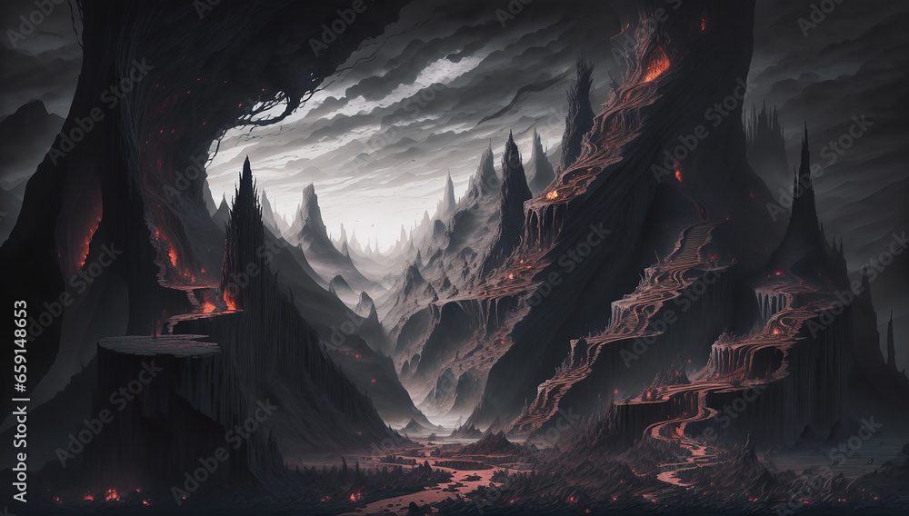 Poster an insanely detailed enclosed landscape art style that symbolizes a darkened world with hard edges -