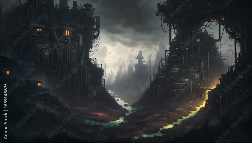 Poster an insanely detailed enclosed landscape art style that symbolizes a darkened world with hard edges -
