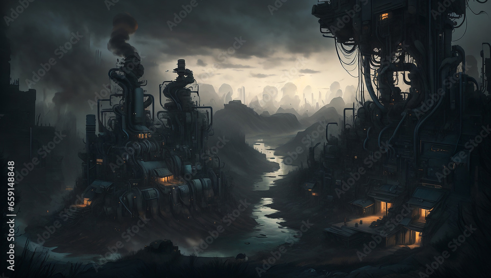 Poster an insanely detailed enclosed landscape art style that symbolizes a darkened world with hard edges -