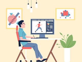 Graphic designer character. Man working on project with computer. Digital design or animation, freelance concept. Young animator recent vector person