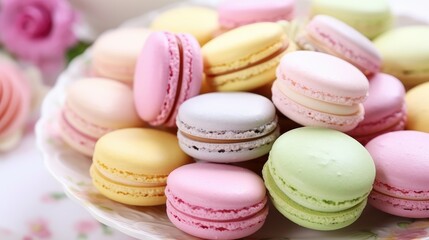 Fototapeta premium Close-up of an assortment of colorful and mouth-watering macarons on a pastel-colored plate