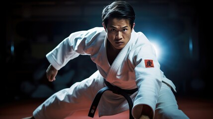 Judo practitioner in action, showcasing intense technique. Bright, vibrant lighting illuminates colorful uniform