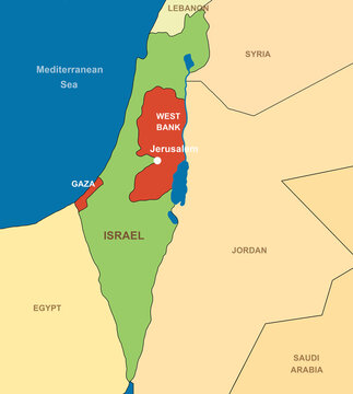 Israel on outline map, Middle East with Egypt, Syria, Lebanon, Jordan and Saudi Arabia