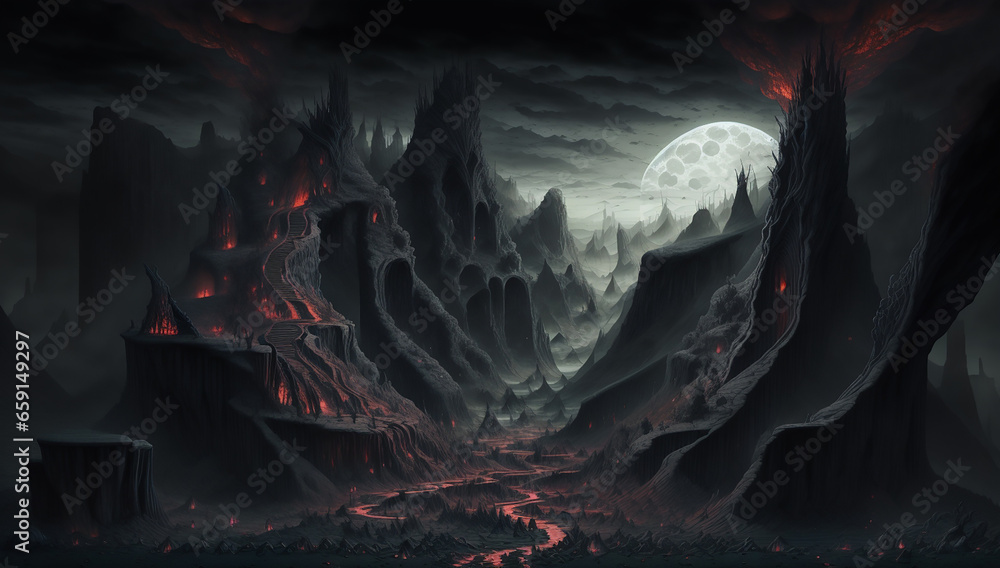 Poster an insanely detailed enclosed landscape art style that symbolizes a darkened world with hard edges -