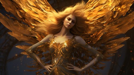 Guardian of the Sun, majestic golden girl goddess with outstretched wings - obrazy, fototapety, plakaty