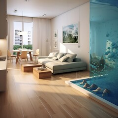 small apartment interior design utilizing water