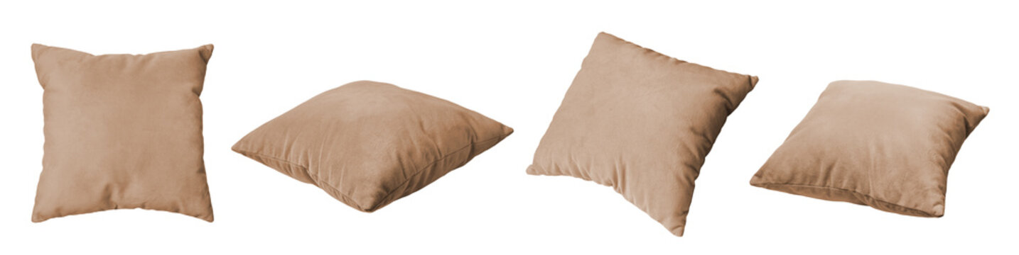 Decorative beige rectangular pillow isolated on white, transparent background, PNG. Set of different angles of cushion for home interior decor, pillowcase mockup, template for design.