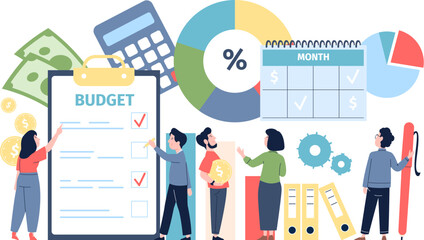 Company budget planning. Business team keep bookkeeping and financial management. Finance, banking and investments recent vector flat scene