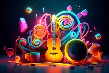 illustration, musical instruments with neon light