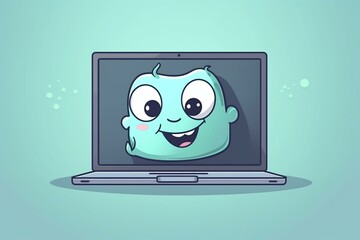 banner with space. cute little laptop with friendly expression. character with room for copy. flat background. Generative AI