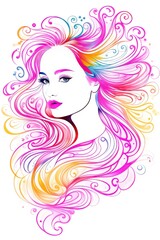 Sketch, line art a colorful portrait of a woman with long beautifully curled hair.
