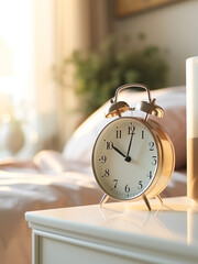 Close-up of an alarm clock on the background of a bright room, bed and window with curtains