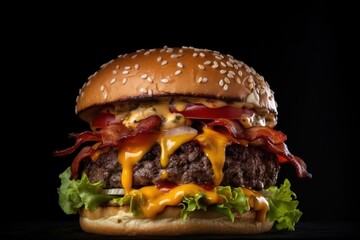 Fresh tasty burger on dark background, fast food tomato, meat, cheese, burger bun, green salad.