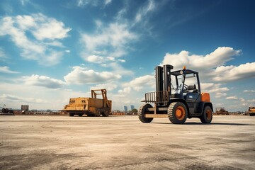 Forklift and vehicle under blue sky outdoors. Generative AI