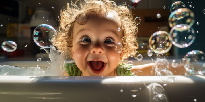 A Precious Newborn Enjoys Their First Bath in the Kitchen Sink, Surrounded by Bubbles, Creating Tender Moments in the Heart of Family Life