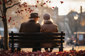 aged couple sitting on a bench in the sunshine showing her backs
 - obrazy, fototapety, plakaty