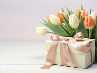 A bouquet of white tulips stands on a white table and next to it stands a craft gift box tied with a satin ribbon. March 8, Mother's Day.
