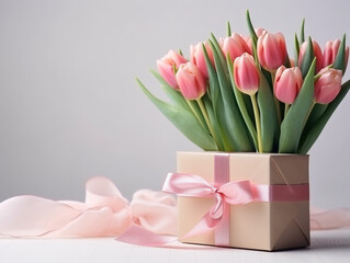 A bouquet of pink tulips stands on a white table and next to it stands a craft gift box tied with a satin ribbon. March 8, Mother's Day.
