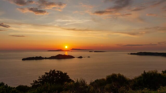Timelapse view of a beautiful sunset on Corfu island from Afionas village, Greece