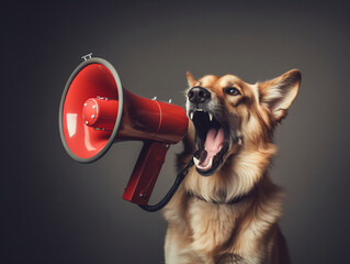 A dog sits on a gray background and speaks into a loudspeaker with its mouth open.