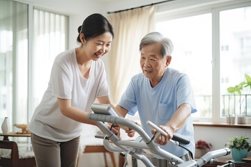 asian nurse taking care of elderly man to exercise at home, health concept