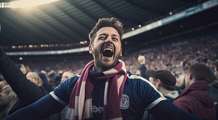 fan celebrating his team's goal on the field with all the other fans, sport concept