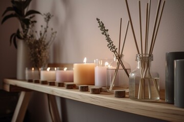 Scented candles, reed diffuser, wooden shelf. Generative AI - obrazy, fototapety, plakaty
