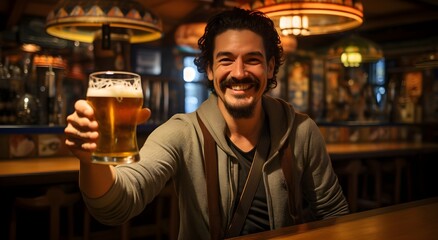 man holding up a glass of beer at a pub