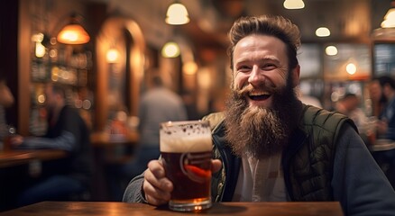  man with beard smiling at beer slam mug - obrazy, fototapety, plakaty