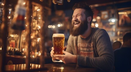  man with beard smiling at beer slam mug - obrazy, fototapety, plakaty