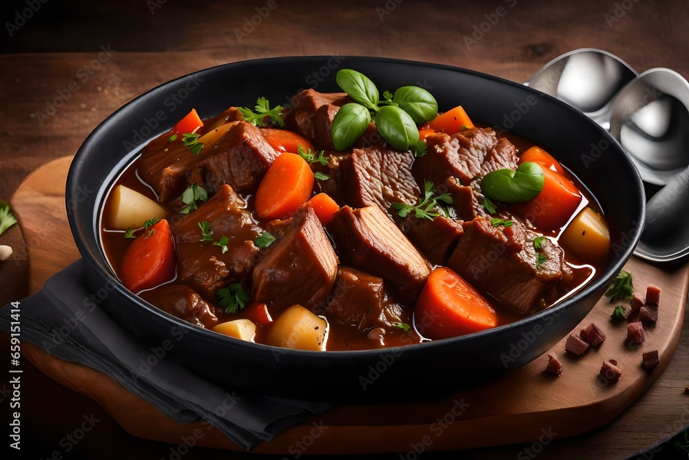 Poster a bowl of hearty and aromatic beef stew with chunks of tender meat and vegetables - ai generative