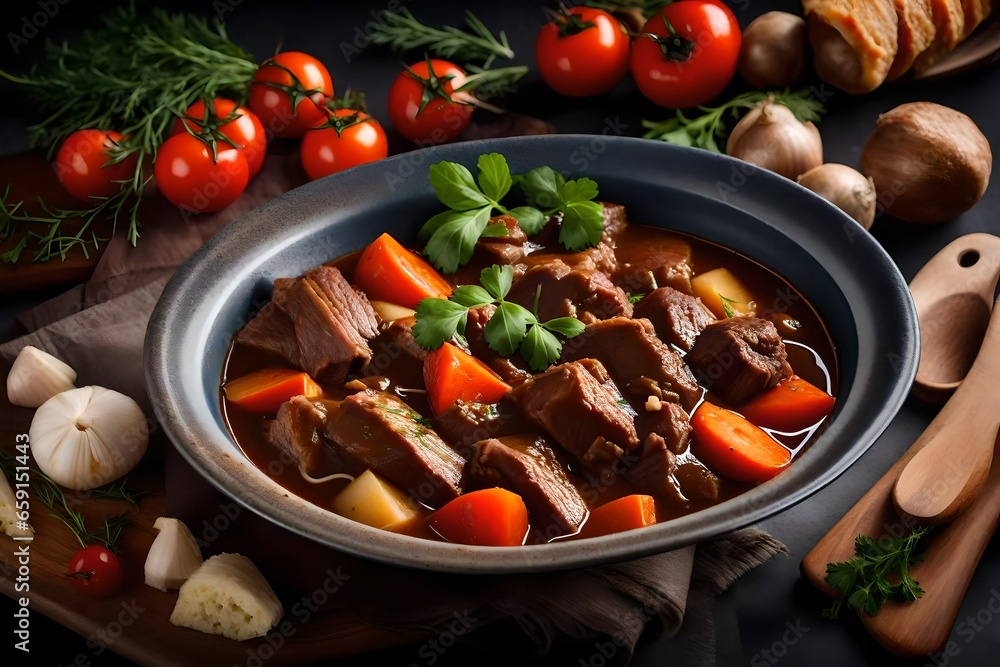 Poster a bowl of hearty and aromatic beef stew with chunks of tender meat and vegetables - ai generative