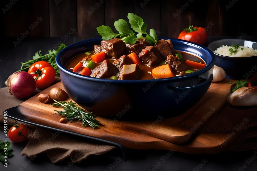 Poster a bowl of hearty and aromatic beef stew with chunks of tender meat and vegetables - ai generative
