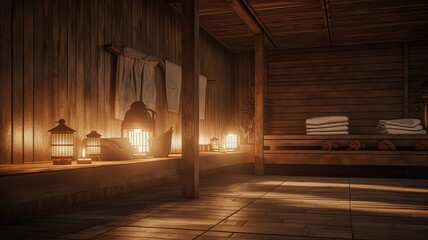 an all wood steam room, in the style of sparse backgrounds, multilayered, smokey background, naturalistic light and shadow, pretty, high quality, vibrant.
