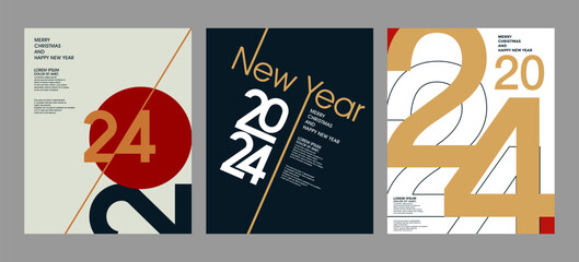 2024 Colorful set of Happy New Year posters. Abstract design typography style. Vector logo 2024 for celebration and season decoration, backgrounds for branding, banner, cover, card or social media