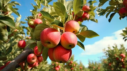 Ripe large apples on a tree branch. Autumn harvest. Gardening, ecological clean product.