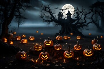 Fototapeta premium Hauntingly atmospheric Halloween scene featuring pumpkins and witches - AI Generative