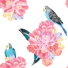 Parrot and pink peony bouquet seamless pattern. Floral wallpaper.