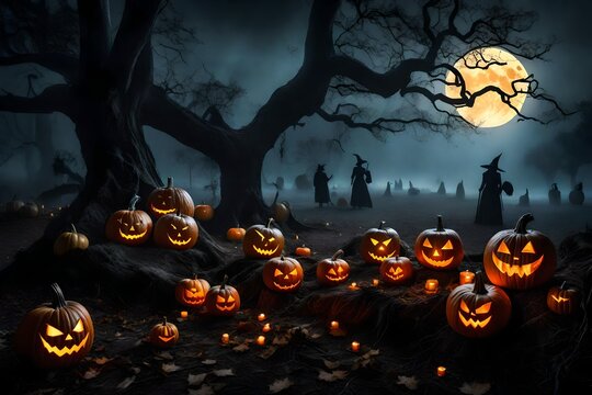 Hauntingly atmospheric Halloween scene featuring pumpkins and witches - AI Generative