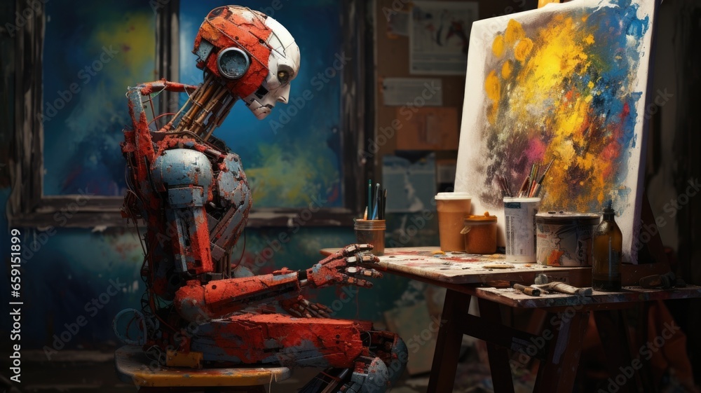 Poster generative ai art technology concept, robot painting picture in studio. generative ai image.