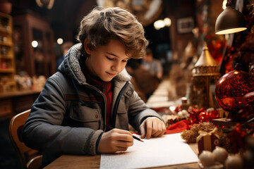 Boy writing letter to santa at christmas - obrazy, fototapety, plakaty