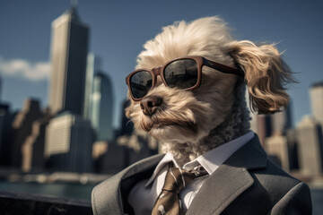 Dog wearing Sunglasses in Suit with NYC Skyline