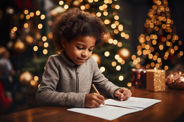 Little African American Girl writing letter to santa at christmas