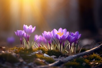 Background with spring crocus flowers. Generative AI - obrazy, fototapety, plakaty