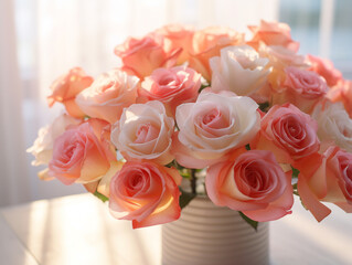 A bouquet of roses stands in a vase on a white table on March 8, Mother's Day, birthday.