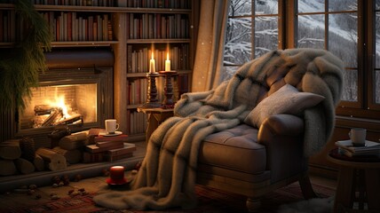 a cozy winter reading nook, vintage woven fabric over a chair or sofa. a handmade knitted blanket, a pile of books, and a warm beverage nearby. the comfort and homeliness of the scene. - obrazy, fototapety, plakaty