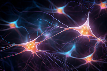 Brain neurons are cells that transmit electrical signals, forming neural networks crucial for cognitive memory functions and learning processes, computer Generative AI stock illustration image